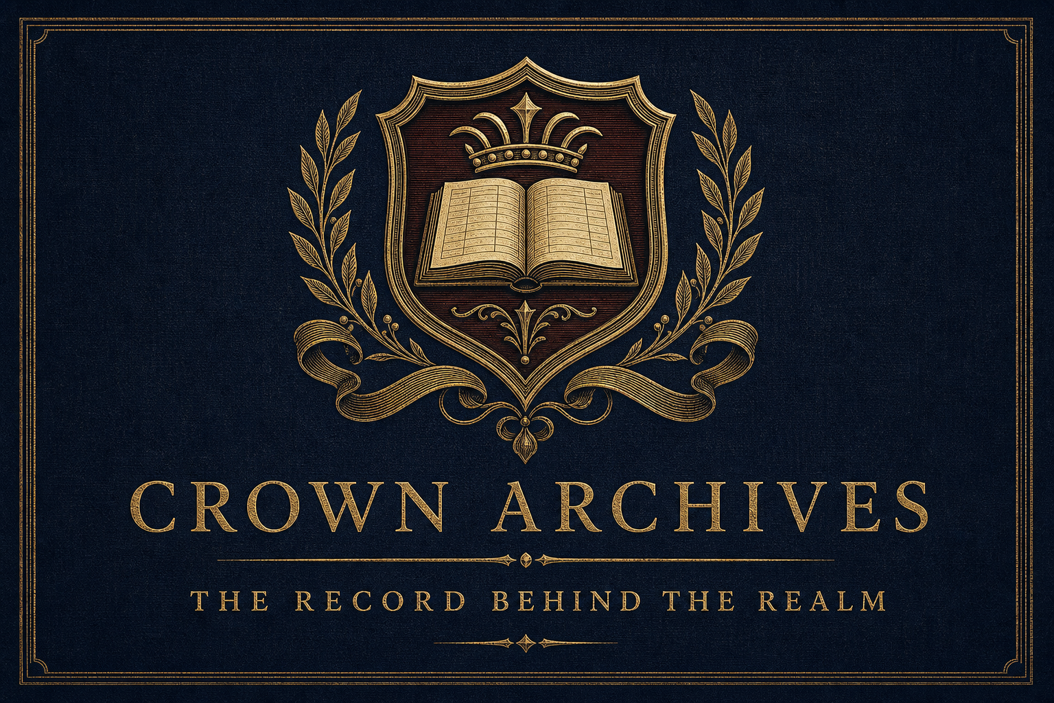 Engraved Crown Archives bookplate with an open ledger in a gilt shield